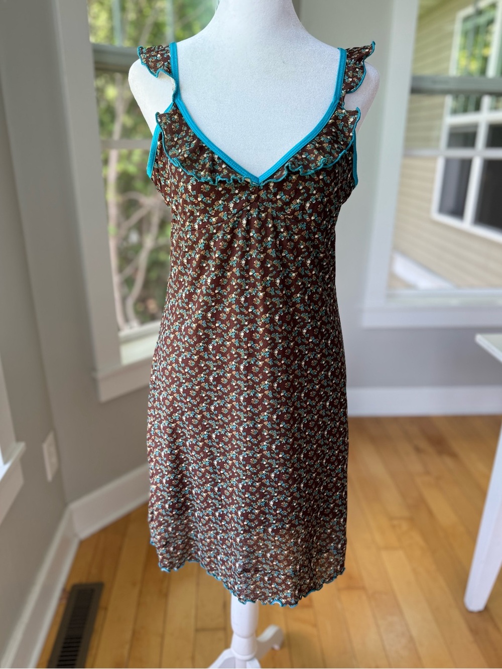Xhilaration Brown Teal Floral Print Ruffle Mini Dress Size Medium Vintage 90s